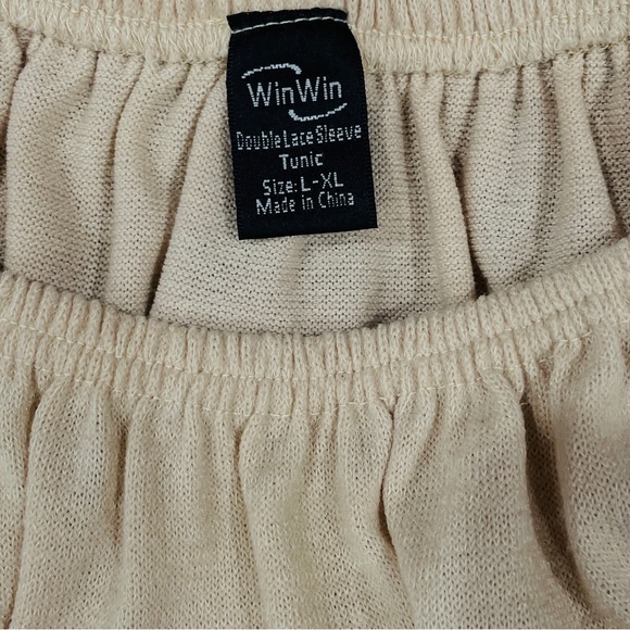 WinWin Tunic Tan with Brown Crochet Accent Bell Sleeves Size L/XL - Picture 7 of 9